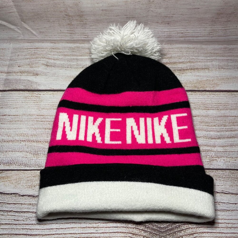 Vintage Nike Pom Pom Beanie Hat Cap Spell Out PinkBlack White Striped Y2K - Picture 2 of 3